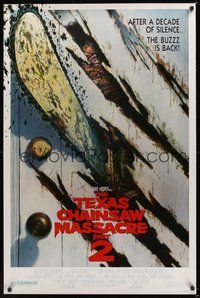 6h504 TEXAS CHAINSAW MASSACRE PART 2 door style 1sh '86 Tobe Hooper horror sequel, cool Huston art!