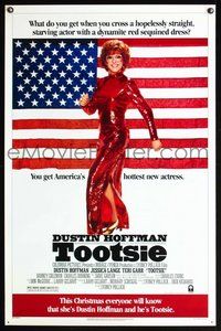 6h519 TOOTSIE advance 1sh '82 full-length Dustin Hoffman as himself and in drag by American flag!