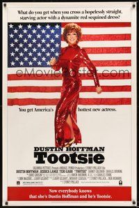 6h520 TOOTSIE video 1sh '82 full-length Dustin Hoffman as himself and in drag by American flag!