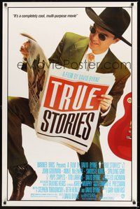 6h529 TRUE STORIES blue credits 1sh '86 image of star & director David Byrne reading newspaper!