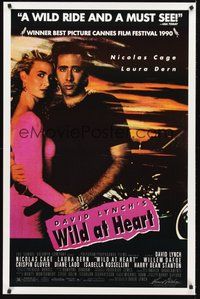 6h558 WILD AT HEART 1sh '90 David Lynch, sexiest image of Nicolas Cage & Laura Dern!