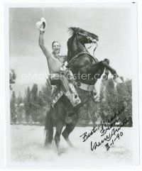 6s293 GENE AUTRY signed 8x10 REPRO still '90 holding his hat in the air on rearing Champion!