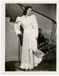 6s197 LORETTA YOUNG signed 8x10 still '40s full-length portrait wearing wild bath robe-like dress!