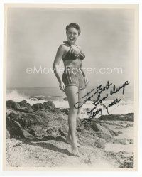 6s386 TERRY MOORE signed 8x10 REPRO still + letter '90 sexy full-length c/u in 2-piece swimsuit!