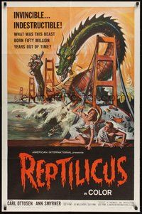 6x260 REPTILICUS 1sh '62 indestructible 50 million year-old giant lizard destroys bridge!