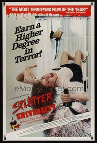 6y571 SPLATTER UNIVERSITY 1sh '84 wild Troma horror, great image of cheerleader & knife!