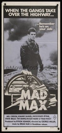 7e580 MAD MAX Aust daybill '79 Mel Gibson, George Miller classic, rare original purple release!