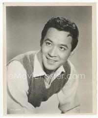 7f228 JAMES SHIGETA 8x9.75 still '61 close smiling portrait in sweater vest from Flower Drum Song!