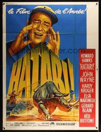 7h471 HATARI French 1p '62 Howard Hawks, great art of John Wayne in Africa by Roger Soubie!