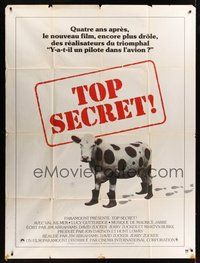 7h594 TOP SECRET French 1p '84 Zucker Bros. James Bond spy spoof, wacky image of cow with boots!