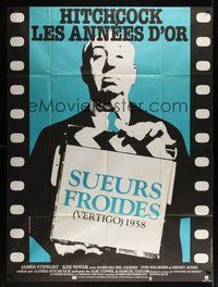 7h600 VERTIGO French 1p R83 great full-length image of Alfred Hitchcock holding clapboard!