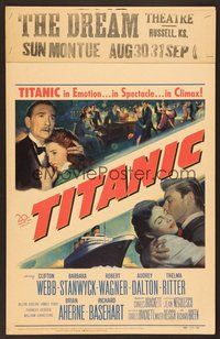 7h348 TITANIC WC '53 great artwork of Clifton Webb & Barbara Stanwyck on legendary ship!