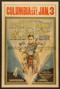 8c461 OH DOCTOR WC '25 great stone litho of Reginald Denny going really fast on motorcycle!