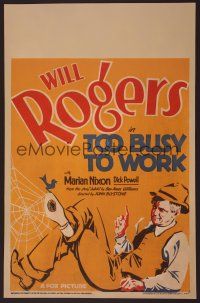 8c507 TOO BUSY TO WORK WC '32 artwork of hobo Will Rogers lounging, a remake of his Jubilo!