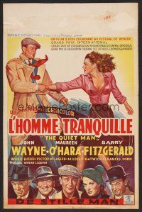 9h492 QUIET MAN Belgian '51 great art of John Wayne & sexy Maureen O'Hara, John Ford directed