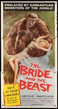 2f413 BRIDE & THE BEAST 3sh '58 Ed Wood classic, great wacky art of huge ape holding sexy girl!