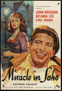 3e627 MIRACLE IN SOHO English 1sh '57 John Gregson looks at sexy Belinda Lee, Emeric Pressburger!