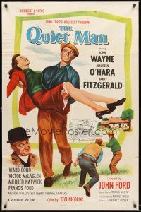 4g729 QUIET MAN 1sh R57 great image of John Wayne carrying Maureen O'Hara, John Ford