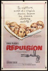 4g744 REPULSION 1sh '65 Roman Polanski, Catherine Deneuve, cool straight razor image!