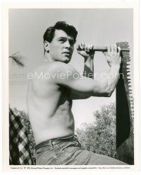 4h580 ROCK HUDSON 8x10 still '53 best barechested beefcake close up holding a big saw!