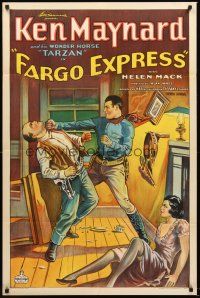 4y105 FARGO EXPRESS 1sh '33 great stone litho art of Ken Maynard punching bad guy by sexy girl!