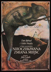 7b164 TRADING PLACES Polish 27x38 '85 wild artwork of money chameleon by Oblucki!