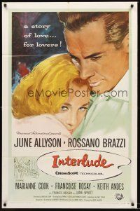 7g396 INTERLUDE 1sh '57 Douglas Sirk, James M. Cain, art of Rossano Brazzi romancing June Allyson!