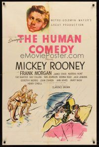 7r415 HUMAN COMEDY style D 1sh '43 art of Mickey Rooney & Butch Jenkins, from Saroyan story!