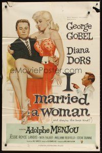 7r425 I MARRIED A WOMAN 1sh '58 artwork of sexiest Diana Dors sitting in George Gobel's lap!