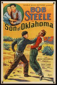 7r817 SON OF OKLAHOMA 1sh '32 great stone litho art of Bob Steele punching out bad guy!