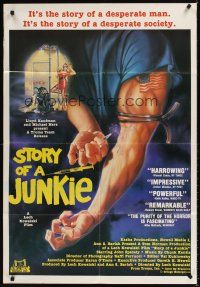 7r852 STORY OF A JUNKIE 1sh '84 Troma, great Zimic drug artwork of broken needle in arm!