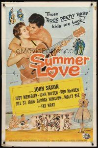 7r855 SUMMER LOVE 1sh '58 very young John Saxon plays guitar with pretty girl on beach!