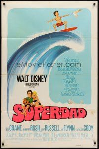 7r860 SUPERDAD 1sh '74 Walt Disney, wacky art of surfing Bob Crane & Kurt Russell w/guitar!