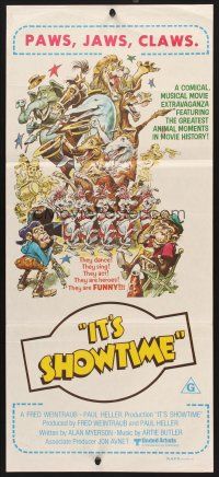 7s801 IT'S SHOWTIME Aust daybill '76 Roddy McDowall, Flipper & Lassie, wacky Jack Davis animal art!