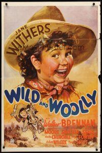 8c959 WILD & WOOLLY 1sh '37 great close-up art of cowgirl Jane Withers in hat & on horseback!