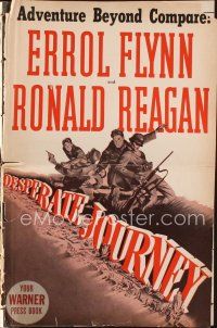 9e386 DESPERATE JOURNEY pressbook '42 Errol Flynn & Ronald Reagan crash-land in the heart of Germany