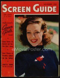 9h169 SCREEN GUIDE magazine November 1940 great portrait of beautiful smiling Loretta Young!