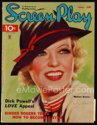 9h156 SCREEN PLAY magazine July 1935 artwork of pretty smiling Marion Davies wearing cool hat!