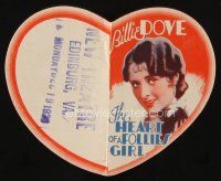 9z427 HEART OF A FOLLIES GIRL die-cut herald '28 Larry Kent loves Ziegfeld showgirl Billie Dove!