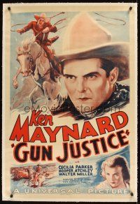 1a367 GUN JUSTICE linen 1sh '34 cool close up art of Ken Maynard & riding on his horse!