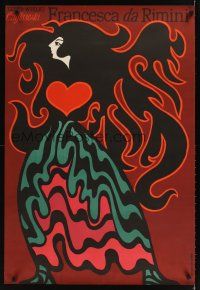 1b176 FRANCESCA DA RIMINI stage play Polish 27x38 '68 Hilscher art of woman w/big hair & heart!