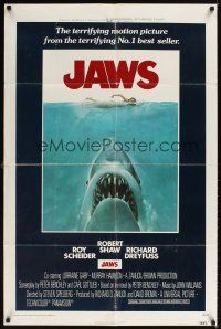 1e426 JAWS int'l 1sh '75 art of Steven Spielberg's classic man-eating shark attacking sexy swimmer!