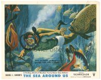 1s801 SEA AROUND US LC '53 really cool artwork of scuba diver swimming with fish!