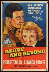 2b316 ABOVE & BEYOND Aust 1sh '52 stone litho art of pilot Robert Taylor & Eleanor Parker!