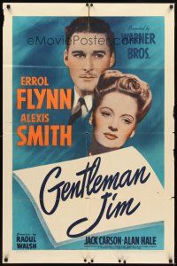 2d373 GENTLEMAN JIM 1sh '42 great close up image of boxer Errol Flynn & Alexis Smith, boxing bio!