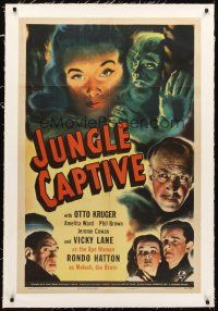 3k375 JUNGLE CAPTIVE linen 1sh '45 Vicky Lane as the Ape Woman, Rondo Hatton as Moloch the Brute!