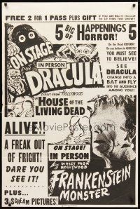 3t537 HOUSE OF THE LIVING DEAD 1sh '60s Dracula, Frankenstein, wacky local theater horror show!