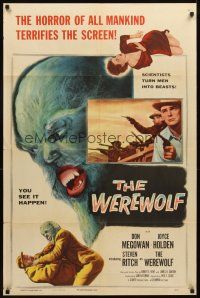 3t965 WEREWOLF 1sh '56 two great wolf-man horror images, it happens before your horrified eyes!