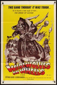 3t966 WEREWOLVES ON WHEELS 1sh '71 great artwork of wolfman biker on motorcycle by Joseph Smith!