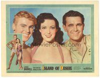 4d524 ISLAND OF DESIRE LC #5 '52 c/u of sexy Linda Darnell between Tab Hunter & Donald Gray!